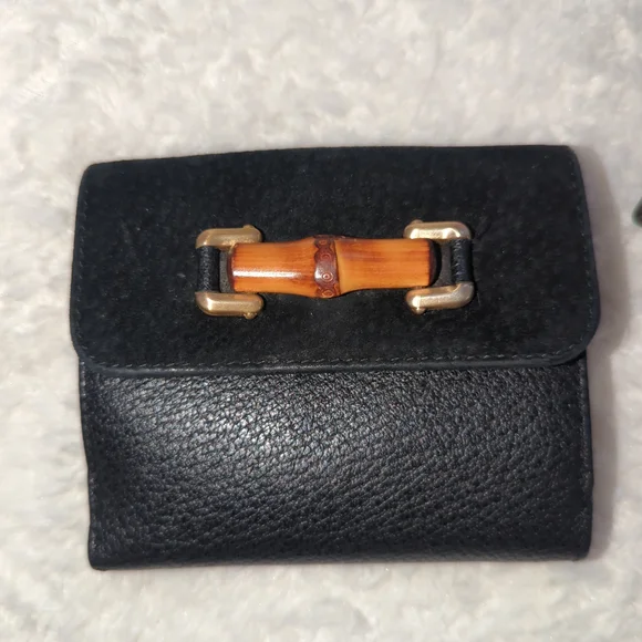 Gucci Black Leather Suede Bi Fold Wallet Bamboo Horsebit Authentic W/ Box + Tote - Picture 2 of 5